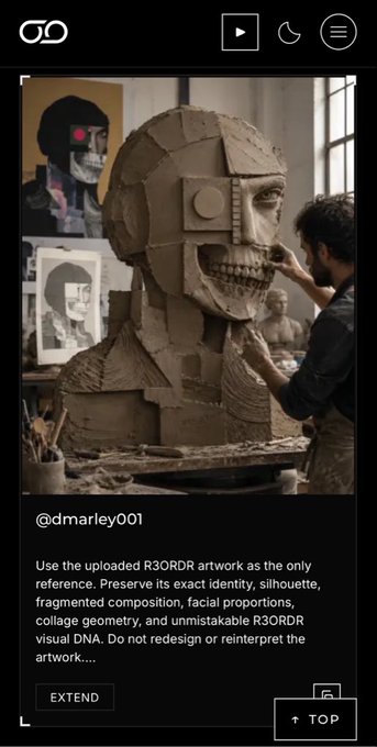An app interface showing an AI creation credit to '@dmarley001' for a fragmented cardboard-like bust sculpture artwork, with instructions to 'Use the uploaded R3ORDR artwork as the only reference' and preserve its 'R3ORDR visual DNA'.