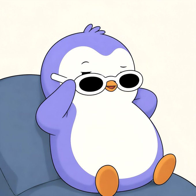 An animated illustration shows a chubby purple and white penguin wearing black sunglasses, sitting on a blue surface with its hands near its face.