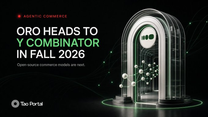 A promotional banner titled 'ORO HEADS TO Y COMBINATOR IN FALL 2026' for Agentic Commerce by Tao Portal, featuring a futuristic glowing archway design with green neural network elements.