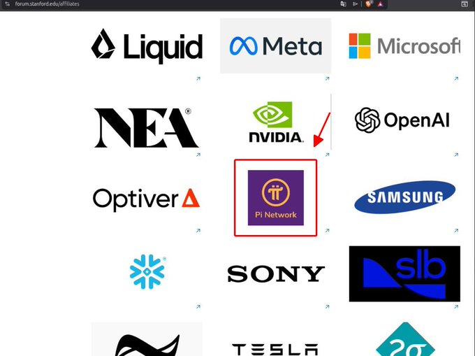 The image displays a directory of Stanford Computer Forum affiliates featuring logos of major tech companies including Liquid, Meta, Microsoft, NEA, NVIDIA, OpenAI, Optiver, Pi Network (highlighted with a red box and arrow), Samsung, Sony, SLB, and Tesla. The visual highlights Pi Network's inclusion alongside established tech giants like Meta, NVIDIA, and OpenAI, supporting the post's claim that this appearance is a notable signal worth observing despite not being an official partnership.