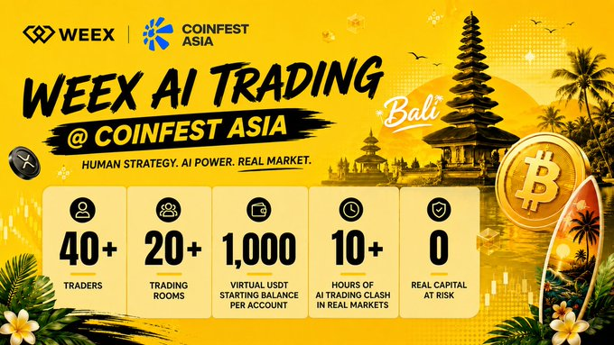 Promotional graphic for 'WEEX AI TRADING @ COINFEST ASIA' in Bali, highlighting 'HUMAN STRATEGY. AI POWER. REAL MARKET.' with stats: 40+ traders, 20+ trading rooms, 1,000 virtual USDT starting balance per account, 10+ hours of AI trading class, and 0 real capital at risk.