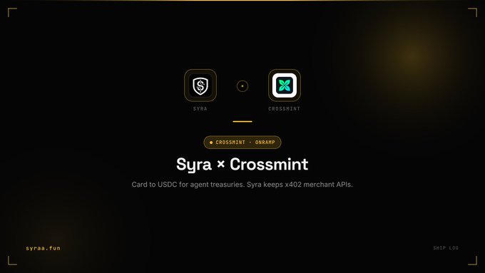 A dark promotional slide displays the "Syra × Crossmint" partnership with their respective logos, tagged "CROSSMINT • ONRAMP," promoting the tagline "Card to USDC for agent treasuries. Syra keeps x402 merchant APIs," alongside the URL syraa.fun. The image visually represents the card-to-USDC onramp integration described in the post, showing how users can fund their Syra agent treasuries directly.