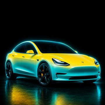 The image features a bright yellow Tesla car with black wheels, positioned against a black background. The car appears to be stationary, possibly parked or stopped at an intersection. There are no other objects or people visible in the photo.