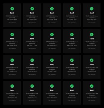 A grid of 20 identical transaction screenshots showing 'Sweef' confirmations with green checkmarks, each displaying transaction hashes and 'View transaction' links.