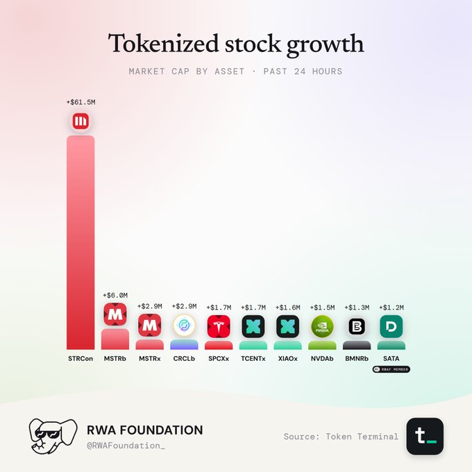 An infographic titled 'Tokenized stock growth' by RWA Foundation shows market cap growth by asset in the past 24 hours, with STRCon leading at +$61.5M, followed by MSTRb (+$6.0M), MSTRx (+$2.9M), CRCLb (+$2.9M), and others including SPCXx, TCENTx, XIAOx, NVDAb, BMNRb, and SATA.
