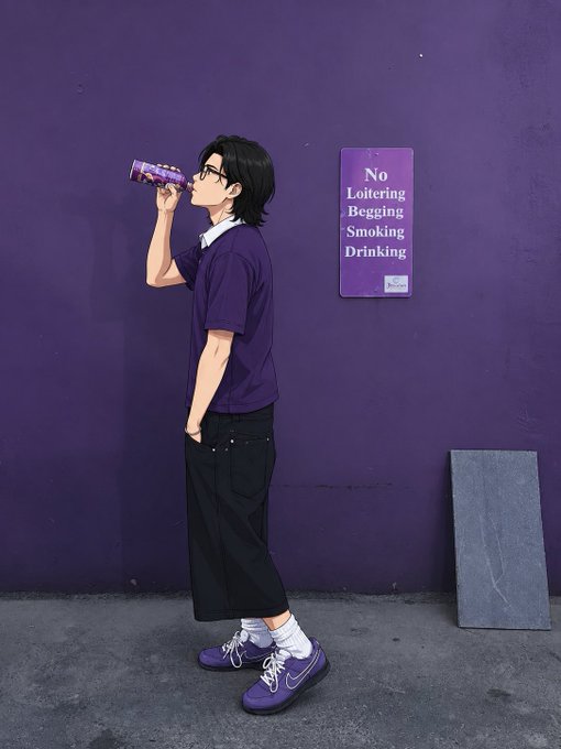 An anime-style illustration depicts a young man with glasses and dark hair drinking from a purple bottle while standing against a purple wall next to a sign reading 'No Loitering Begging Smoking Drinking.'