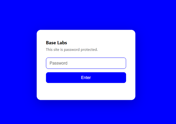 Password-protected login screen for 'Base Labs' with a blue background, featuring a password input field and an 'Enter' button.