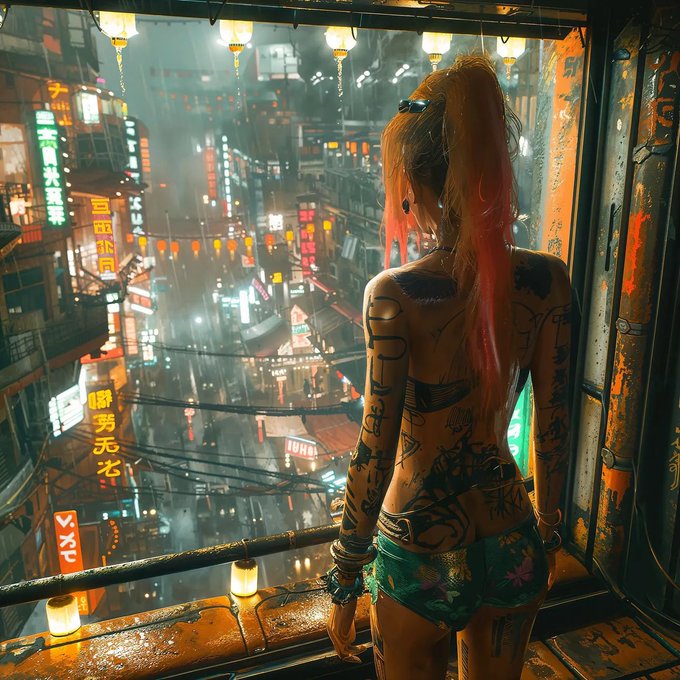 A tattooed woman with a red ponytail gazes out over a rain-slicked, neon-lit cyberpunk cityscape from a high balcony, matching the post's sentiment of late-night solitude as insomnia brings familiar company in the glowing urban night.