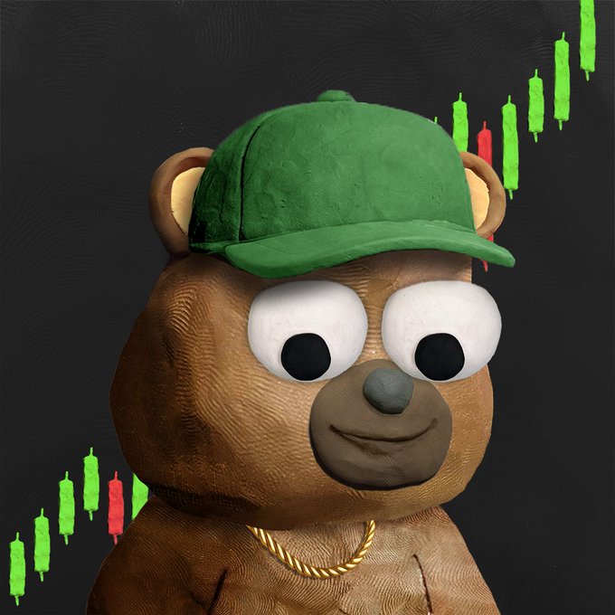 A 3D-rendered brown teddy bear wearing a green baseball cap and a gold rope chain smiles against a dark background, framed by descending green and red candlestick chart patterns symbolizing its NFT collection on Ethereum (ETH). The image visually represents the creator's "CLAYz" NFT debut, with the bear serving as a tribute to Gary Vaynerchuk (@garyvee) and his motivational "Just fucking do it" mindset.