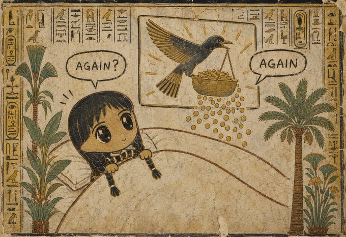 A stylized, aged papyrus-style illustration depicting an anime-style girl climbing a hill with speech bubbles saying 'AGAIN?' and 'AGAIN', while a bird in a panel above carries a basket pouring gold coins.