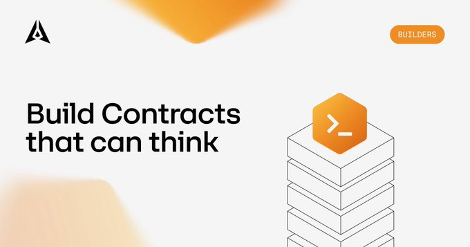 Marketing graphic with the tagline 'Build Contracts that can think,' featuring a stylized 'A' logo in the top left, an orange 'BUILDERS' tag in the top right, and an illustration of stacked blocks topped with an orange command-line icon.