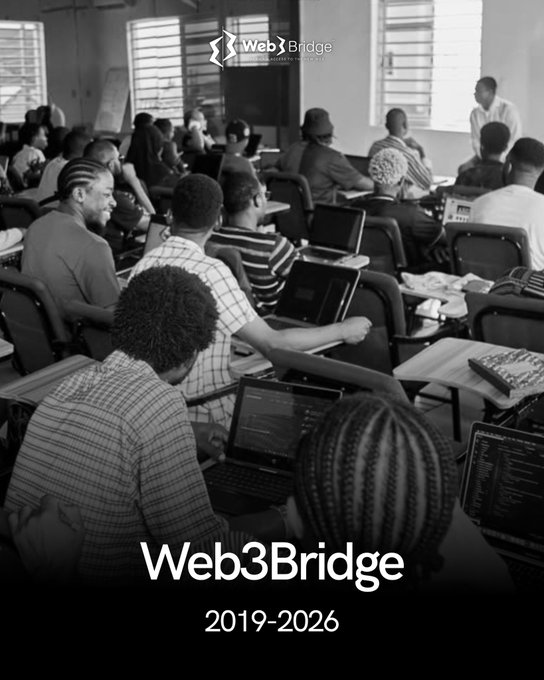 A black-and-white photo shows participants working on laptops during a Web3Bridge training session, with the logo at the top and text reading "Web3Bridge 2019-2026" at the bottom, commemorating the organization's seven-year run of training African developers before its closure.