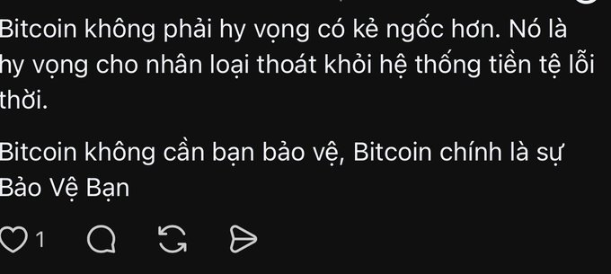 A black screen with white Vietnamese text about Bitcoin, translating roughly to: 'Bitcoin is not hope for stupid people. It is hope for humanity to escape the corrupt financial system. Bitcoin doesn't need you to protect it, Bitcoin IS your protection.', with social media icons below.
