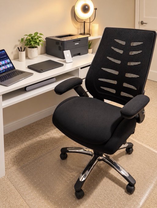 A black ergonomic mesh office chair with armrests is positioned in front of a white desk featuring a laptop, a Brother printer, a plant, and a desk lamp.
