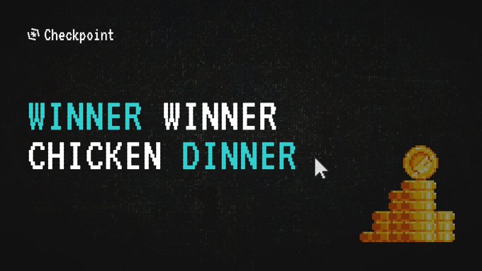 A pixel art style graphic with the text 'WINNER WINNER CHICKEN DINNER' in cyan and white, accompanied by a stack of gold coins.