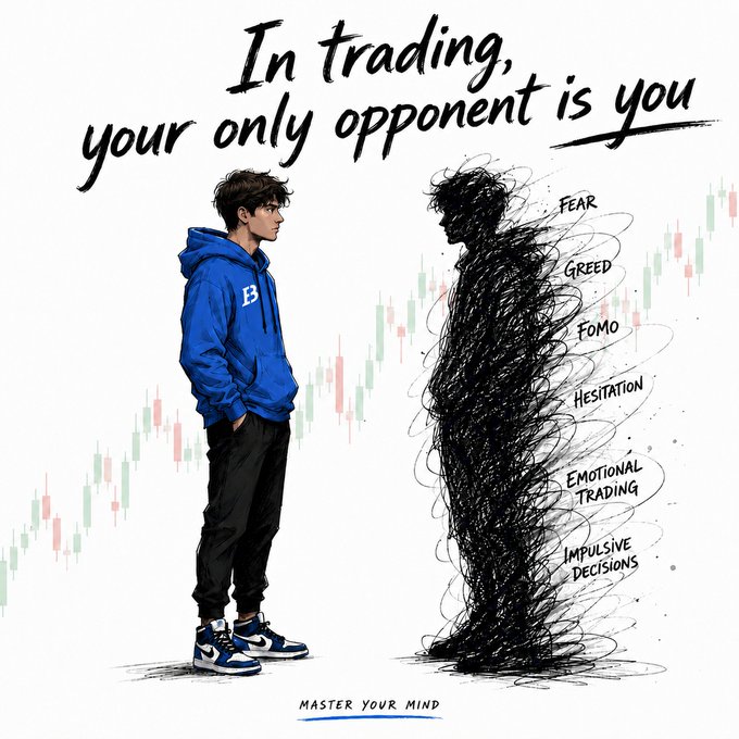 An illustration showing a young person in a blue hoodie facing a shadowy, scribbled figure representing inner demons in trading. Text reads 'In trading, your only opponent is you,' with the dark figure labeled with words like 'FEAR,' 'GREED,' 'FOMO,' 'HESITATION,' 'EMOTIONAL TRADING,' and 'IMPULSIVE DECISIONS.' At the bottom, it says 'MASTER YOUR MIND.'