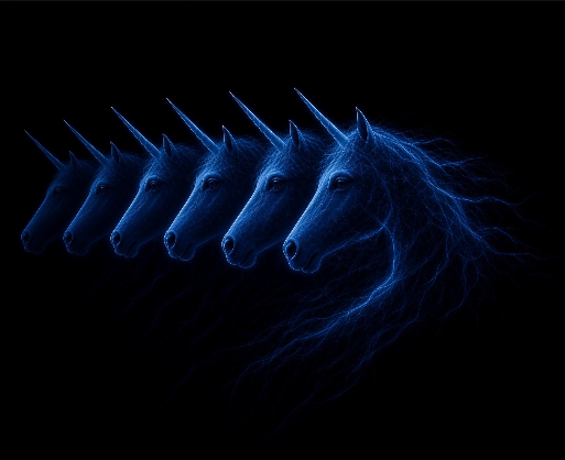 Six ethereal, luminous blue unicorn heads appear in a sequence of progressive clarity against a black background, with the rightmost figure fully detailed and trailing wispy, flowing energy—visually echoing the post's "$motion" theme by conveying speed, momentum, and the gradual unfolding of movement.