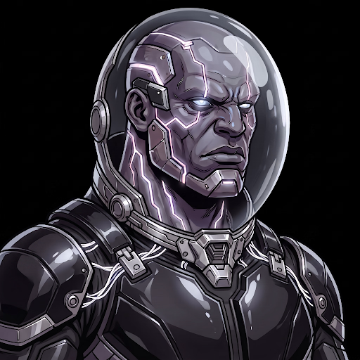 An illustration of a futuristic armored figure with a transparent helmet, glowing eyes, and cybernetic features in purple and black tones.