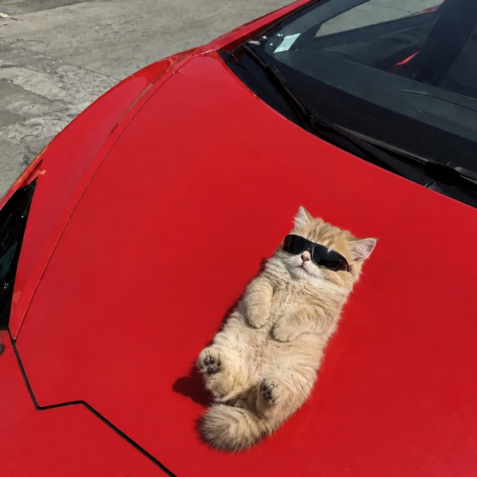 An adorable orange and white fluffy cat wearing black sunglasses, lying on its back in a relaxed pose on the hood of a red sports car.