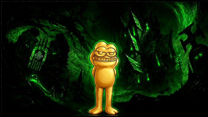 A cartoonish yellow figure with a smug expression stands against a dark, eerie green fantasy landscape featuring shadowy creatures and ruins.