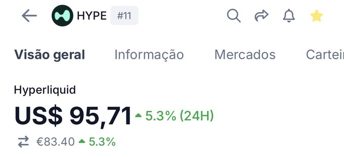 Cryptocurrency price display for Hyperliquid (HYPE) showing US$95.71, up 5.3% in 24H, with €83.40 equivalent, in Portuguese.