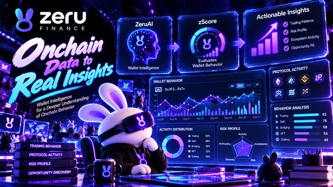 Promotional graphic for Zeru Finance showing "Onchain Data to Real Insights" with a cartoon rabbit mascot wearing a Zeru-branded cap, displaying dashboards for ZeruAI, zScore, wallet behavior analysis, and protocol activity.