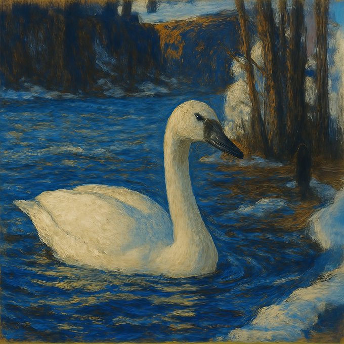 A painting rendered in thick, impressionistic strokes depicts a graceful white tundra swan gliding through deep blue, textured water, with snowy banks and dark trees framing the wintery scene. The artwork visually represents the artist's "Life List" entry #323—the Tundra Swan—capturing the bird's serene elegance amid its frozen, sunlit habitat.
