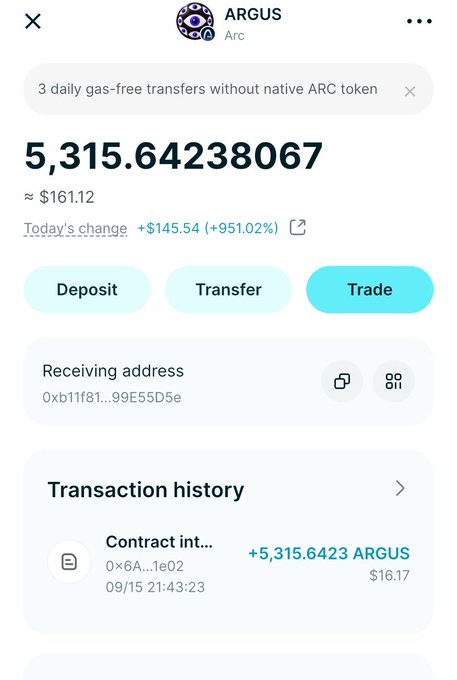 A cryptocurrency wallet app screen displays a balance of 5,315.64238067 ARGUS tokens (~$161.12), showing a +951.02% daily gain, with options to deposit, transfer, or trade.
