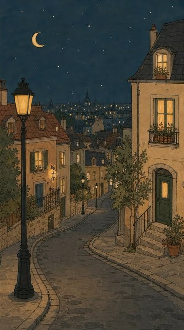 An illustrated scene of a quiet, winding cobblestone street at night, illuminated by a glowing streetlamp under a crescent moon.