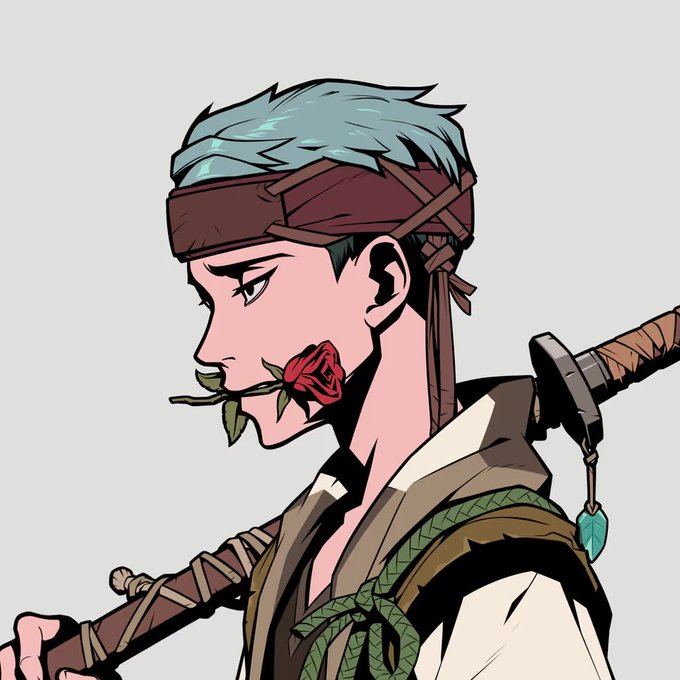 The illustration shows a stylized profile of a blue-haired swordsman with a red rose clenched in his teeth, wearing a headband and traditional garb while carrying a sword on his back. The image ties to the post's theme of a lost or abandoned item being recovered, depicting a character who looks like he could have been "dropped" from a larger artwork or lineup.