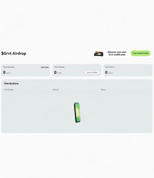 A user interface screenshot of a "$Givt Airdrop" webpage showing sections for Total Allocation, Airdrop Token, Givt Owners, and Total Spinouts, all displaying 0 GIVT, with a phone illustration in the Distributions section.