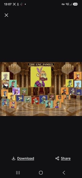 A screenshot showing a digital artwork titled 'THE UNC FAMILY' featuring cartoon-style characters arranged in a grand hall with chandeliers, displayed with download and share options.