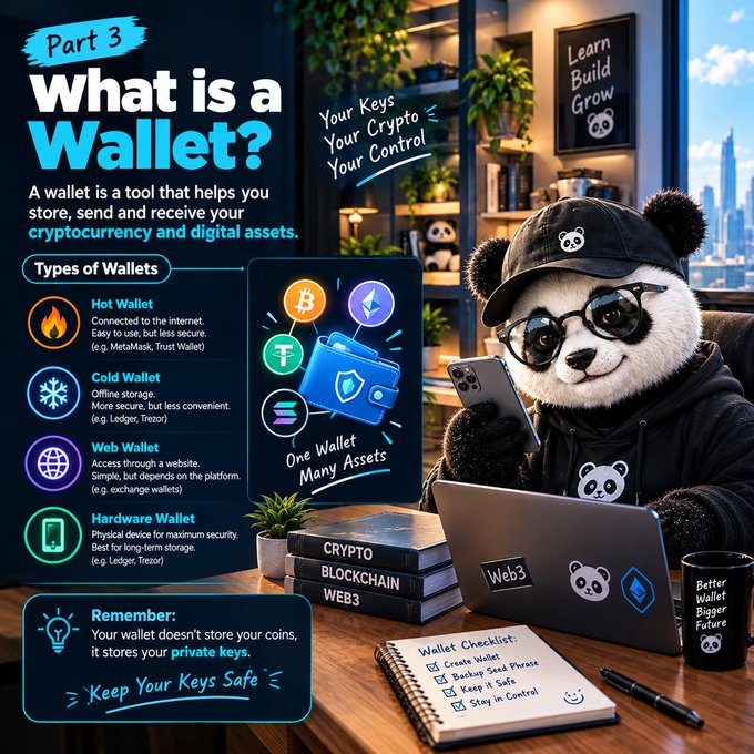 An educational infographic titled 'What is a Wallet?' (Part 3) explains cryptocurrency wallet types including Hot, Cold, Web, and Hardware Wallets, featuring a panda mascot in a hoodie working on a laptop alongside a Wallet Checklist with items like 'Create Wallet' and 'Backup Seed Phrase.'