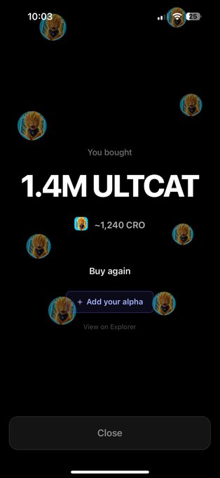 A mobile app screen showing a completed purchase of 1.4M ULTCAT for ~1,240 CRO, with options to 'Buy again', 'Add your alpha', and 'View on Explorer'.