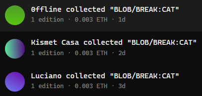 A dark-themed NFT collection feed showing users 'Offline', 'Kismet Casa', and 'Luciano' each collected 'BLOB/BREAK:CAT' for 0.003 ETH.