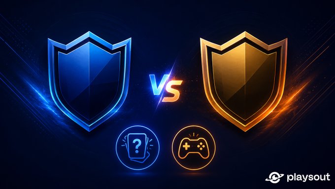 A graphic showing two shields (blue and orange) facing off with 'VS' between them, with gaming icons below and the 'playsout' logo.