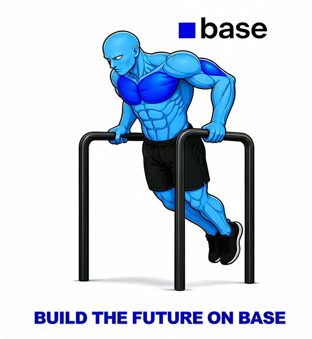 The image features a blue cartoon character doing pushups using two black bars as support while wearing shorts. Below this image, there's text that reads "Build the future on Base" followed by an image of the same cartoon character with the caption "Foundation’s already set. Time to build the future @baseposting". The post is related to fitness and exercise, encouraging people to work out and stay healthy.