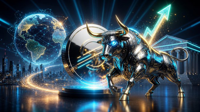 A digital artwork featuring a metallic robotic bull with glowing blue accents standing in front of a glowing globe, a large XRP coin, and an upward green trend arrow.