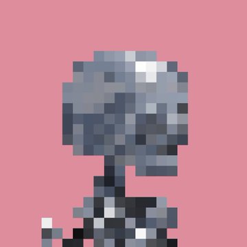 A pixel art figure with a skull-like or robotic head wearing dark sunglasses and a dark outfit against a pink background.