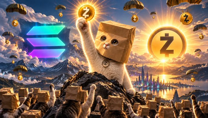 A white cat wearing a paper bag over its head triumphantly hoists up a glowing "Z" coin amid a dramatic sky filled with parachuting Z tokens, while the Solana logo floats to the left and a large Z emblem shines beside a distant futuristic city, with a crowd of bag-headed cats cheering below to celebrate ZCAT airdropping over $9 million in ZEC to 20,000+ new Solana holders.