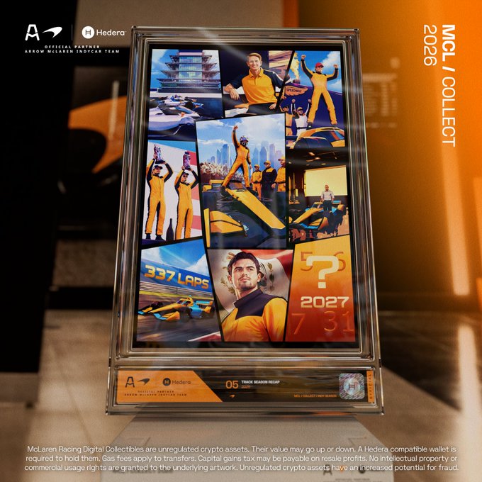 A framed McLaren/Collect digital collectible displayed on a stand features a comic-style collage of racing scenes with the text "337 LAPS" and "2027," branded with "Arrow McLaren IndyCar Team" and "Hedera" logos. The "MCL / COLLECT 2026" promotional graphic advertises a final drop of free season recap digital artwork (#05) commemorating the racing season.