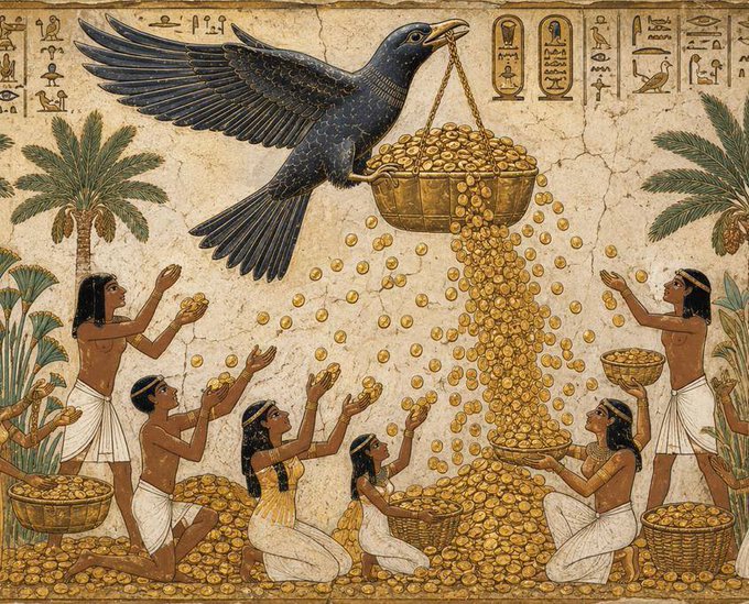 An ancient Egyptian-style fresco depicts a large blue bird carrying a golden basket overflowing with coins, showering treasure onto kneeling figures reaching up with bowls—symbolizing prosperity and abundance. The accompanying post references "letscash.fun" with a crypto wallet address, suggesting the image represents the token's potential to rain wealth upon its holders.