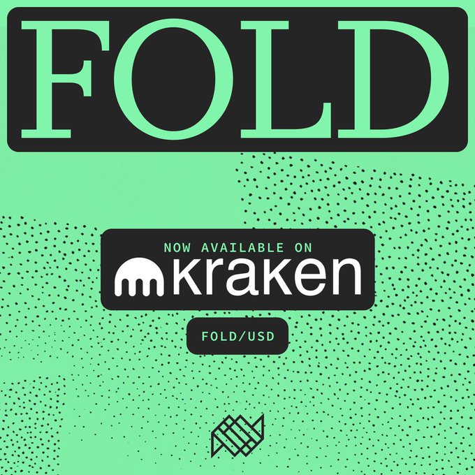 A promotional graphic featuring the large "FOLD" logo at the top, with a central badge announcing "NOW AVAILABLE ON Kraken" for the FOLD/USD trading pair, reinforcing the post's announcement that the token has launched on the Kraken exchange.