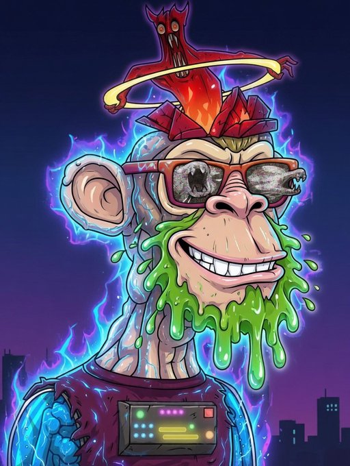 A digital illustration of a grotesque monkey character with green slime dripping from its face, wearing red sunglasses and a purple shirt, with a red demonic figure on its head surrounded by purple flames.