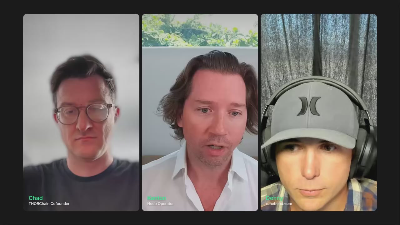 The image shows three men's faces displayed side by side against a black background. The man on the left has short hair and glasses, while the middle man has long hair and no glasses. The man on the right also has short hair but is wearing headphones. The caption of the image reads "THORChain Update with @CBarraford, @patriotsounds, @KentonC137 | Podcast #205".