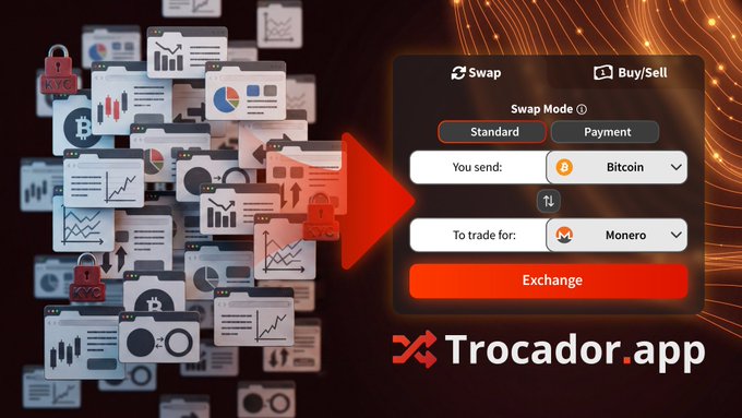 An advertisement for Trocador.app shows cryptocurrency exchange icons on the left and a swap interface trading Bitcoin for Monero on the right.