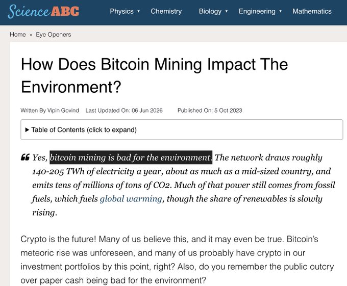 A screenshot of a ScienceABC article titled "How Does Bitcoin Mining Impact The Environment?" featuring a highlighted quote claiming Bitcoin mining uses 140-205 TWh of electricity annually and emits tens of millions of tons of CO2, which the user is reportedly contesting as containing unsubstantiated claims.