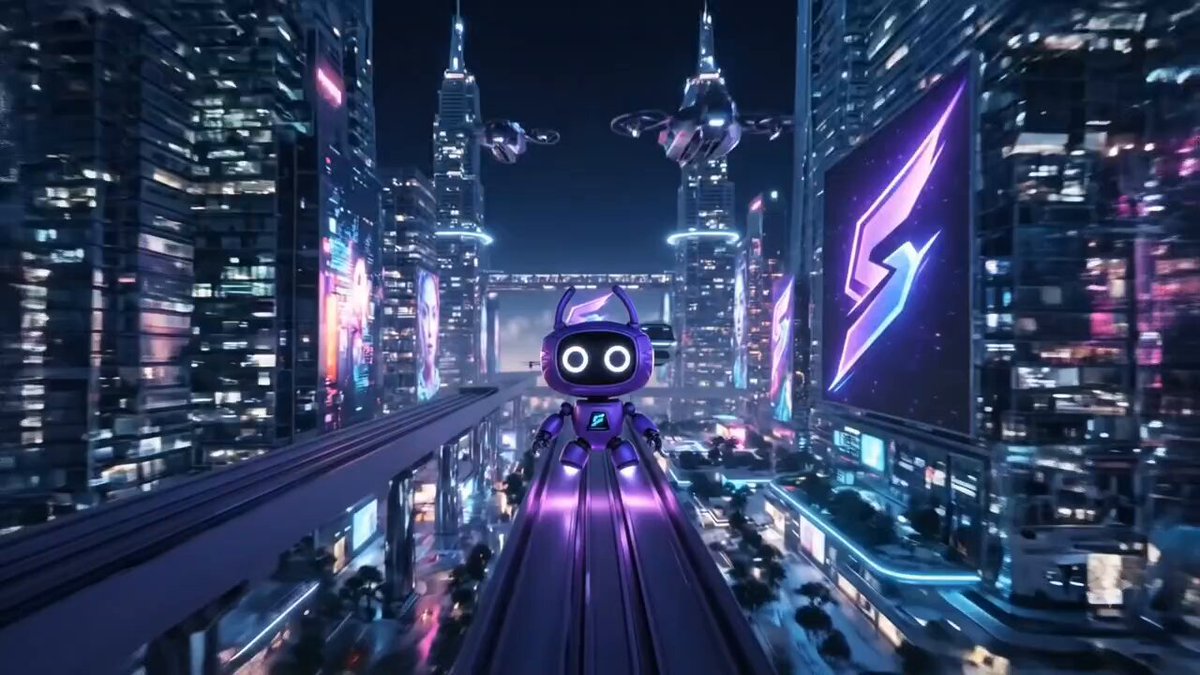 The image features a robot standing in front of a city skyline at night, with neon lights illuminating the scene. The robot has a human-like appearance and is wearing a hat. The caption below the image reads "Stop chasing fake engagement @Syntrax XYZ changes the game with: AI wallet scoring Sybil detection Human-verified actions This is what real growth looks like. We're still early. discord.gg/syntraxxyz syntrax.xyz #STRX #SyntraxXYZ". The image seems to be promoting a new technology or product, possibly related to the city skyline and its futuristic atmosphere.