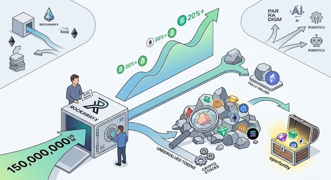 An infographic illustrates RockawayX's $150,000,000 fund-raising initiative, depicting a flow from mined cryptocurrencies through a RockawayX processing machine to identify undervalued crypto tokens, with an upward arrow showing 20%+ returns and outcomes including AI, robotics, and a treasure chest of opportunity.