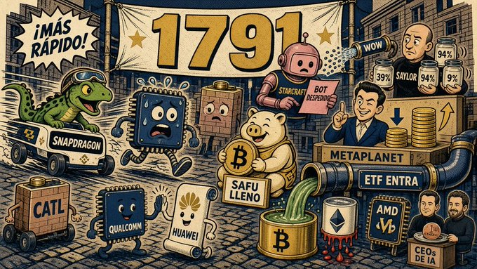 A cartoon-style illustration comparing tech and crypto companies, with a banner reading '¡MÁS RÁPIDO! 1791'. It features characters labeled 'SNAPDRAGON', 'CATL', 'QUALCOMM', 'HUAWEI', a pig with Bitcoin for 'SAFU LLENO', 'STARCRAFT', 'SAYLOR', 'AMD', and a pipe labeled 'ETF ENTRA' leading to a 'METAPLANET'.